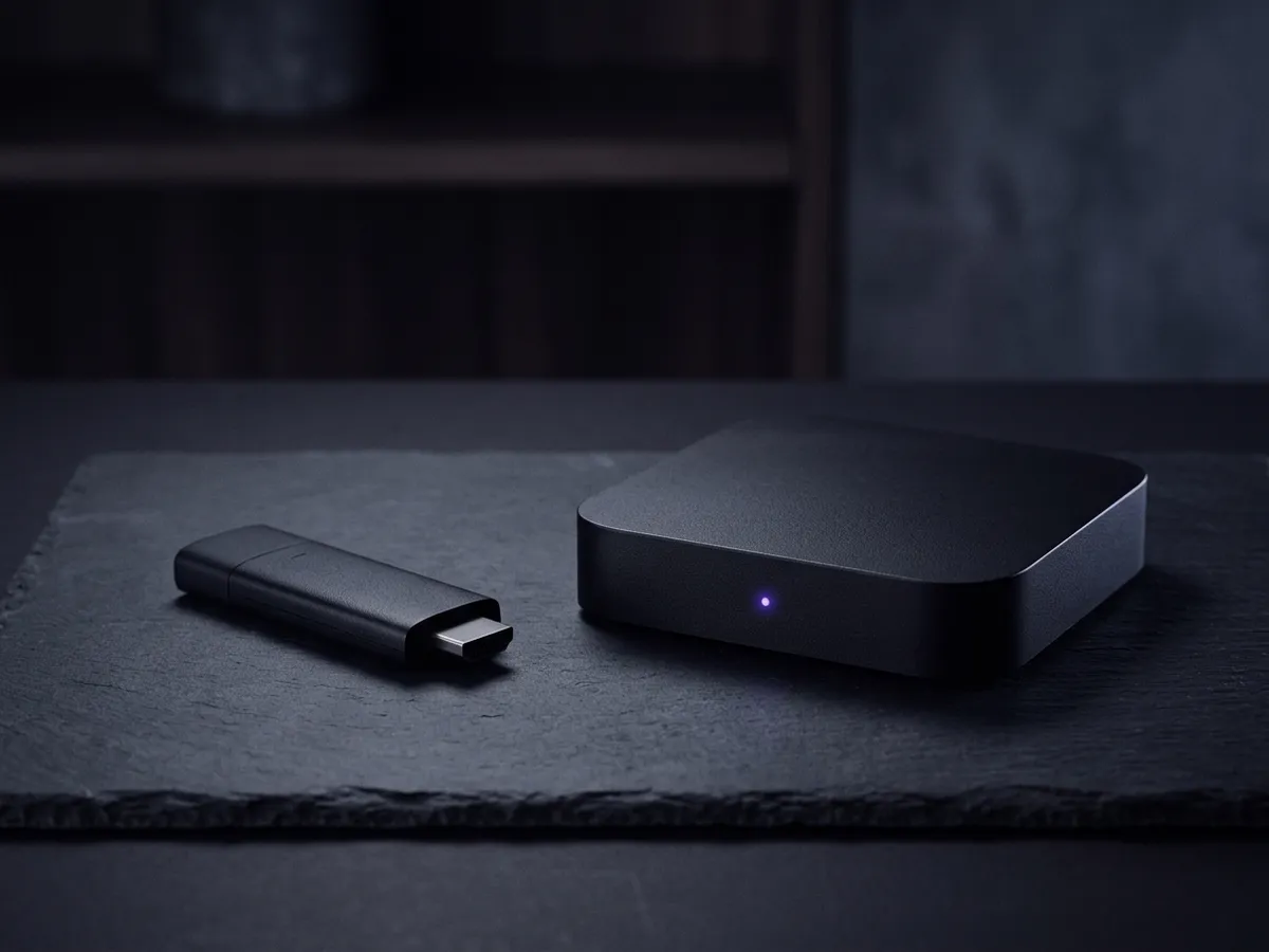 A compact streaming stick beside a premium matte black puck on slate