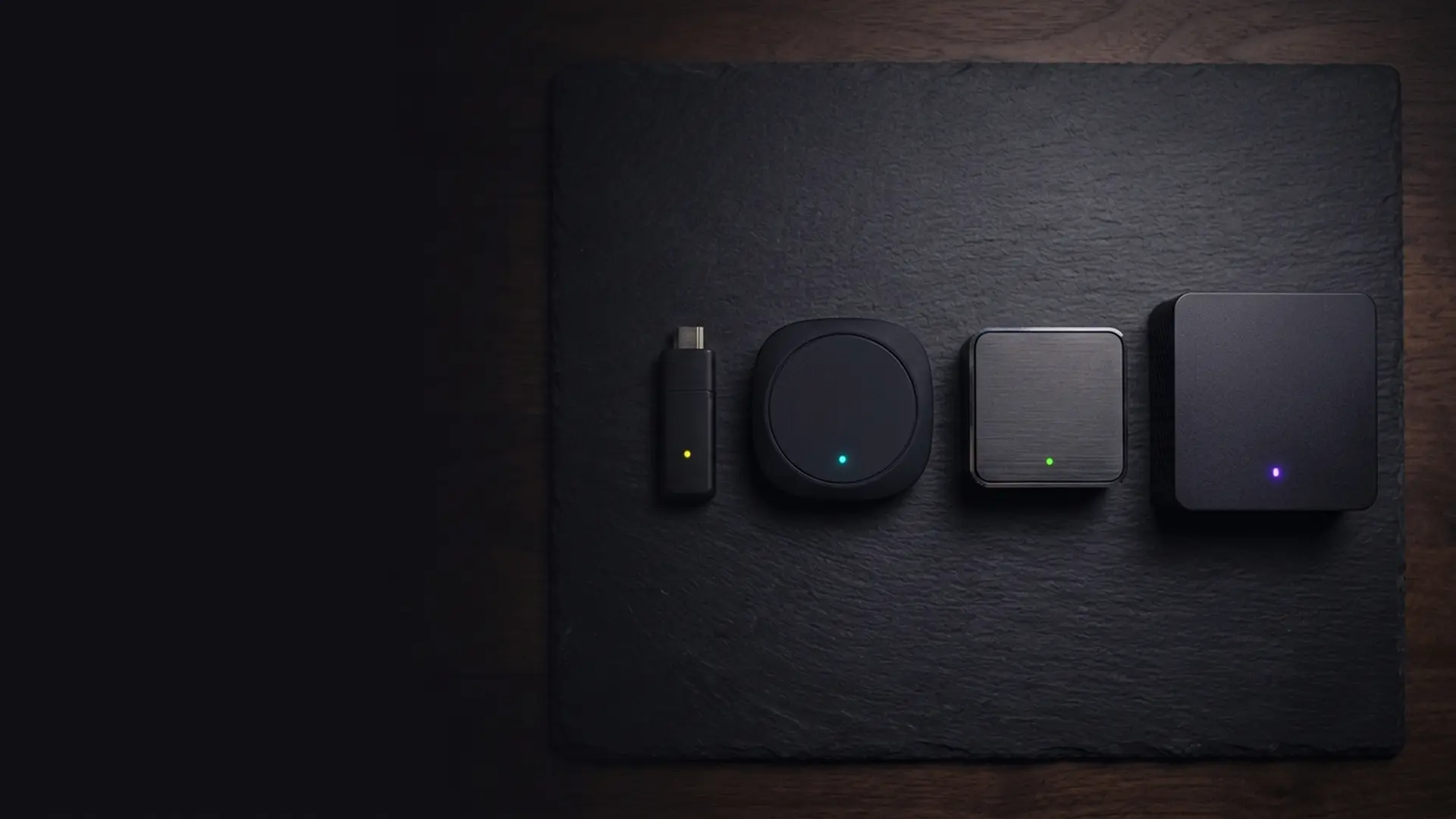 Four types of streaming device displayed on plinths
