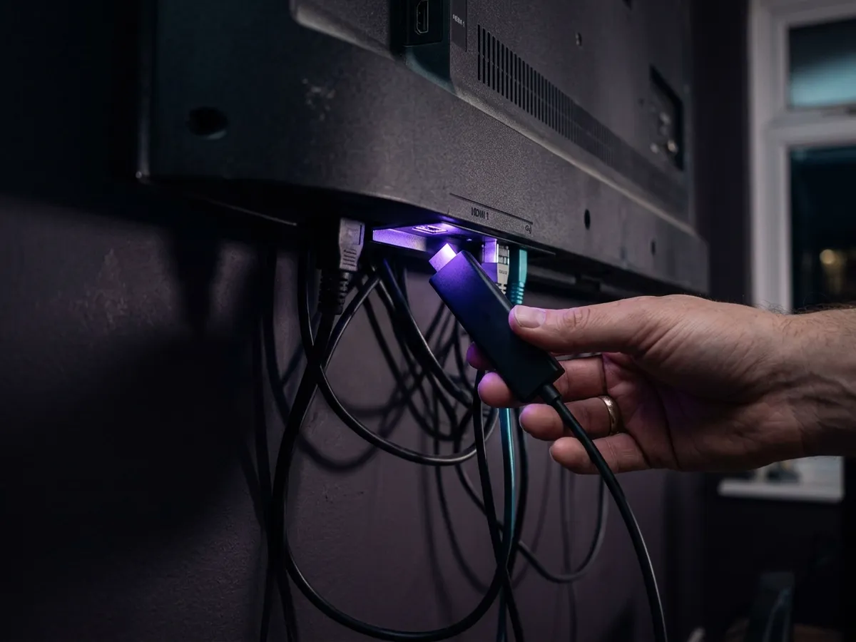 A hand plugging a streaming stick into a television HDMI port
