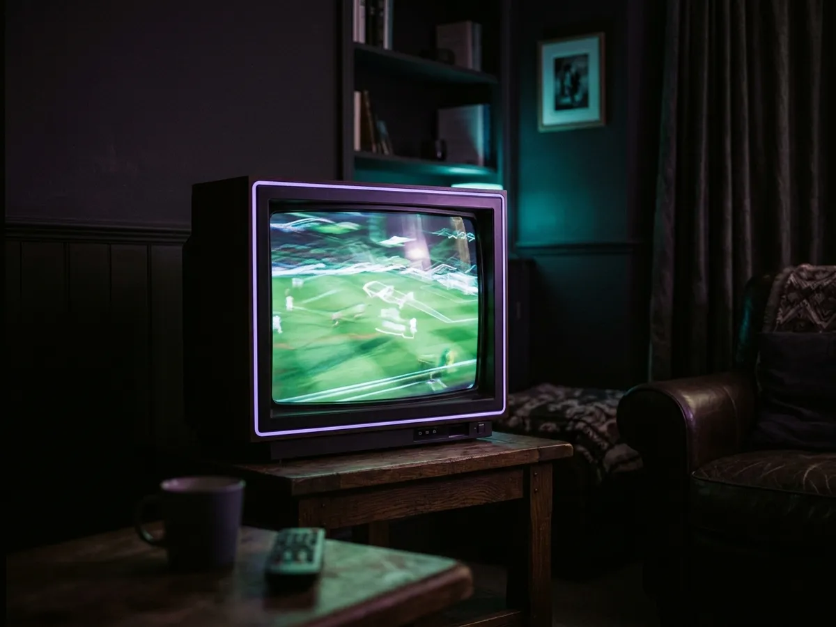A television showing a live sports broadcast in a dark room