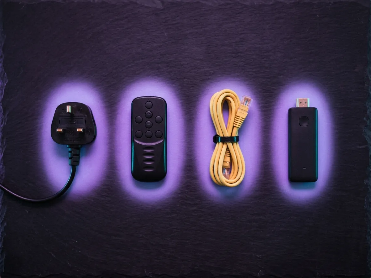 A plug, remote, ethernet cable and streaming stick arranged in a row