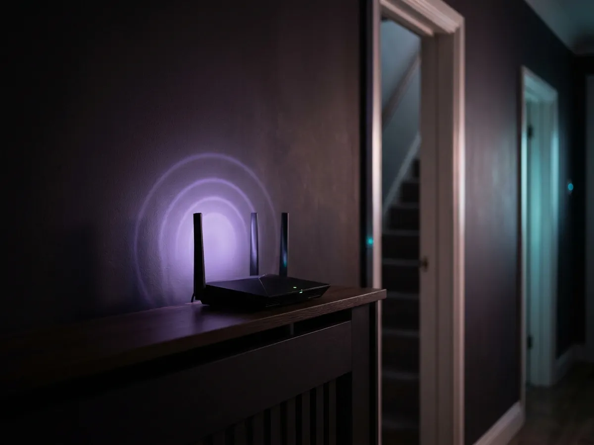 A router moved to an open shelf away from a tangled corner