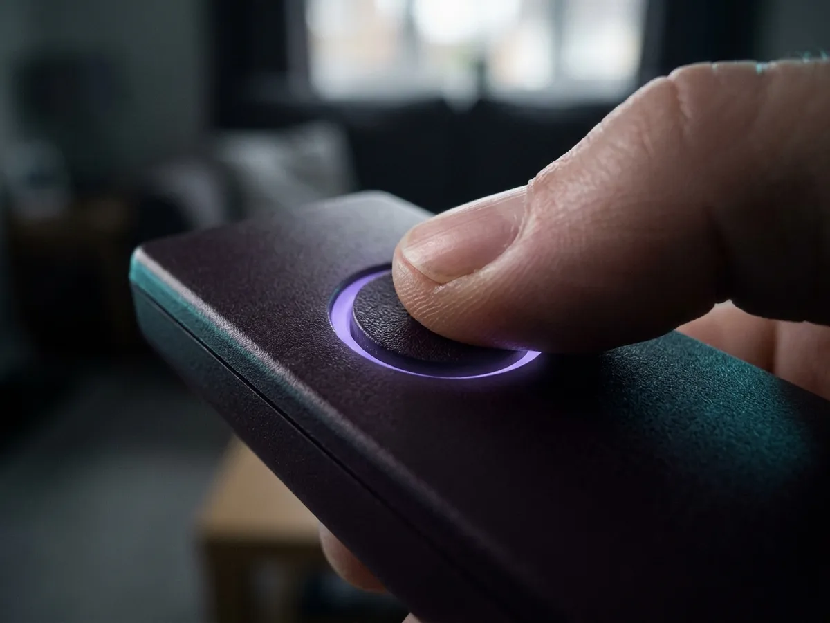 A thumb holding down a remote button to re-pair it