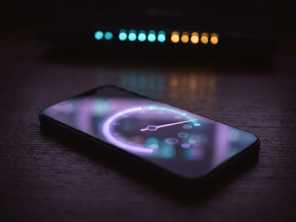 A speed test dial sweeping on a phone screen