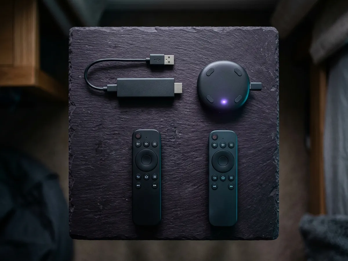 A streaming stick, puck and set-top box arranged on a dark surface