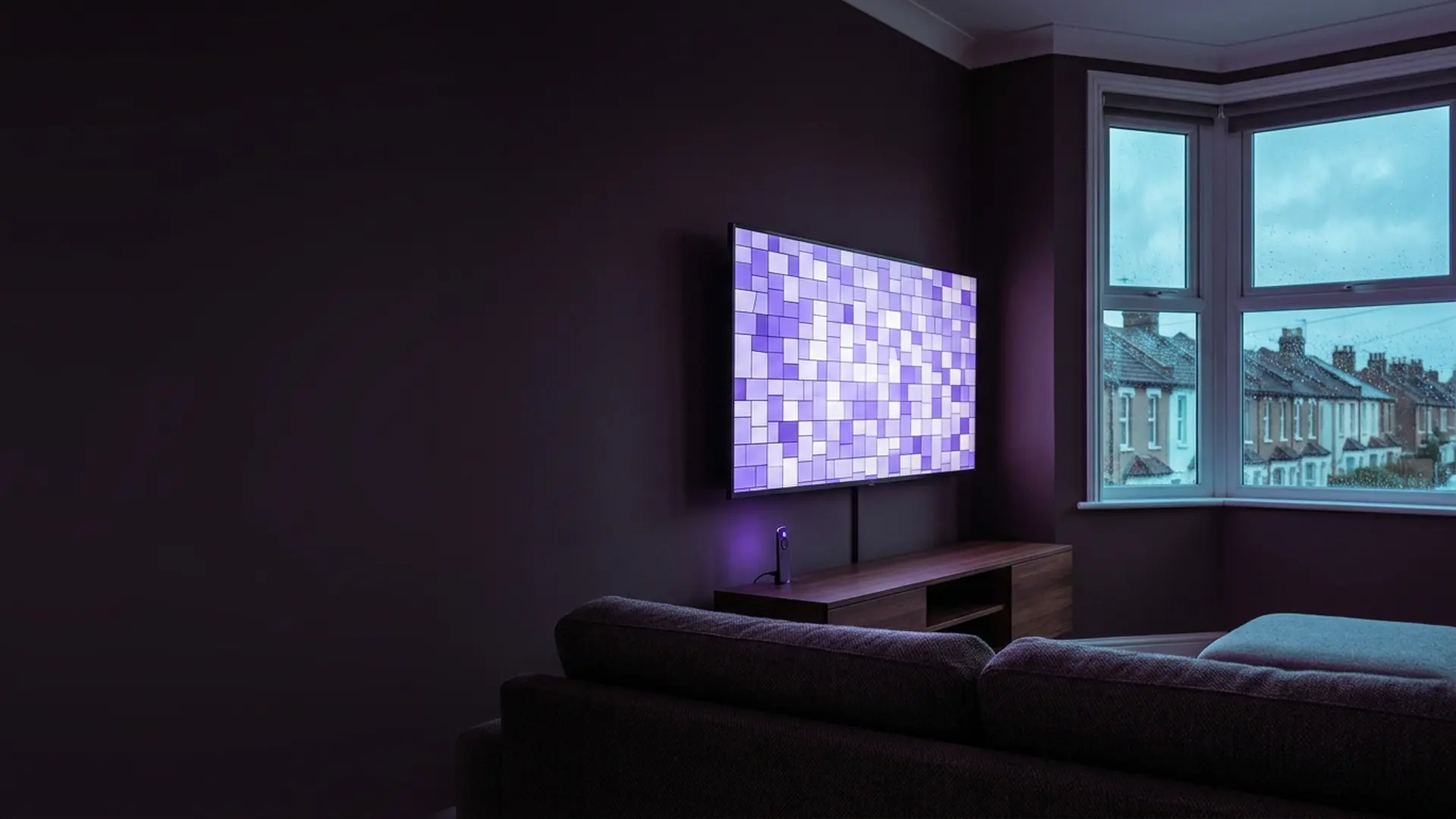 A British living room at dusk with a television showing a streaming interface