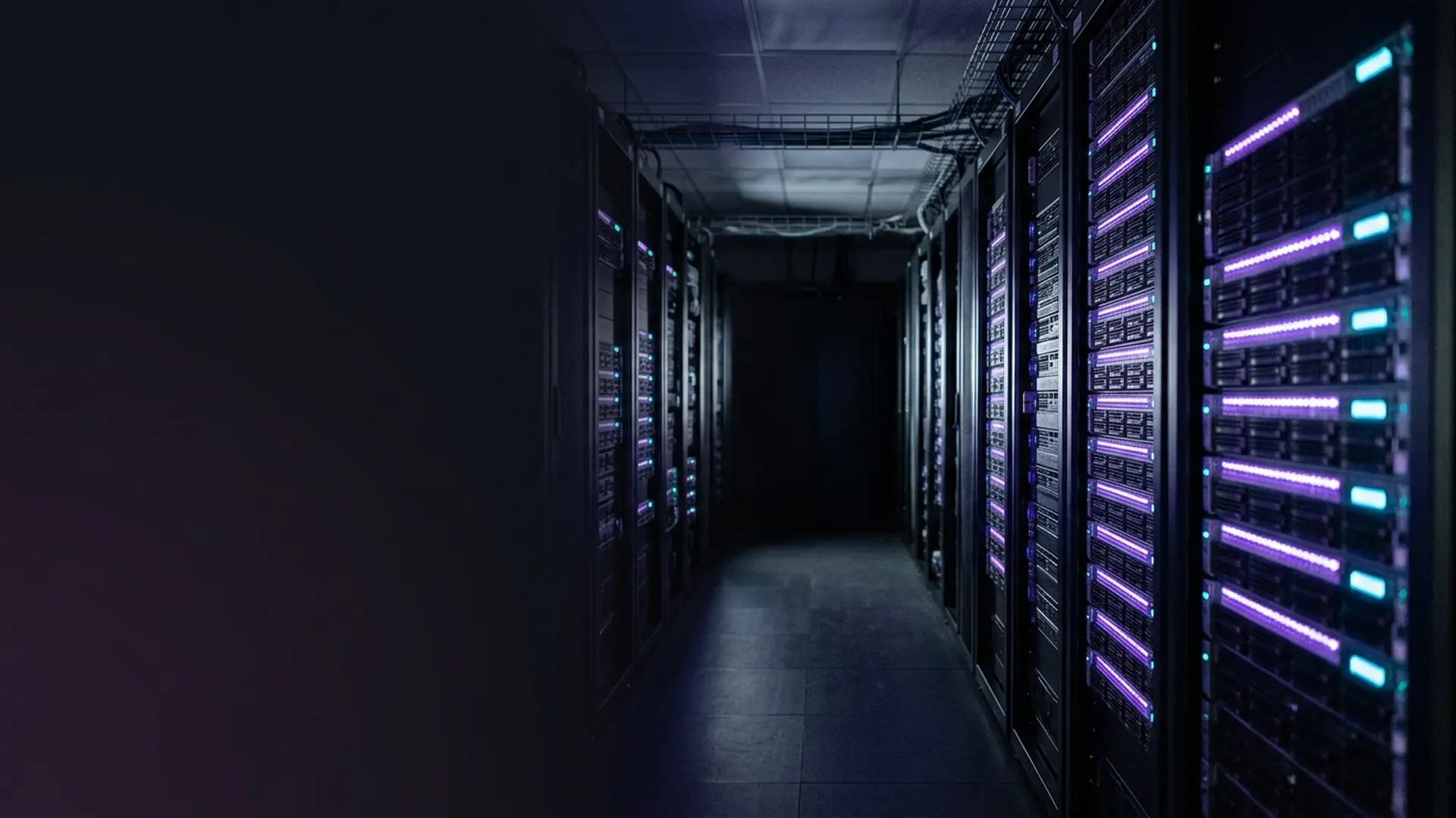 Server racks with streaks of light representing streaming data in motion