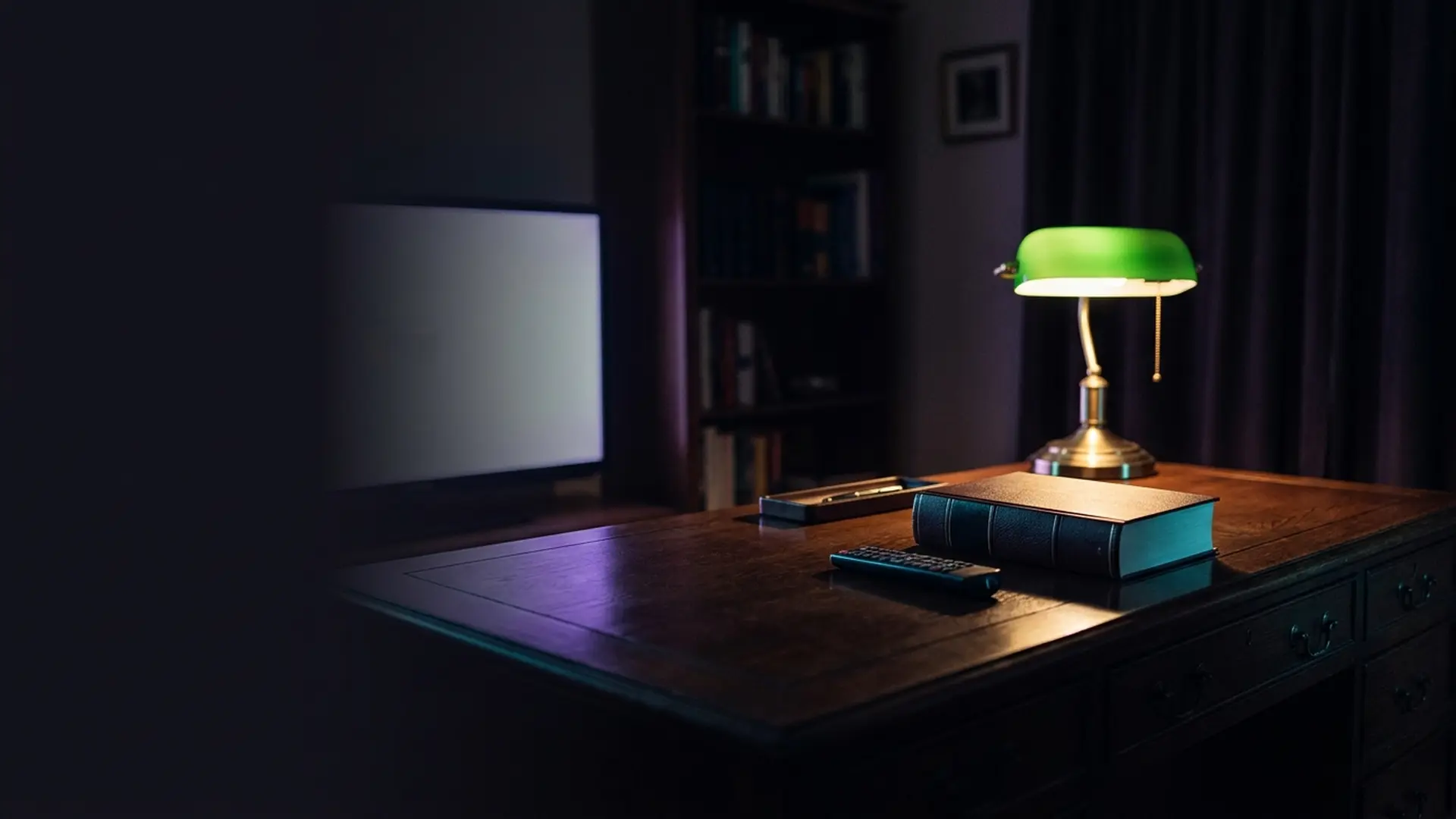 Scales of justice silhouetted against the glow of a television