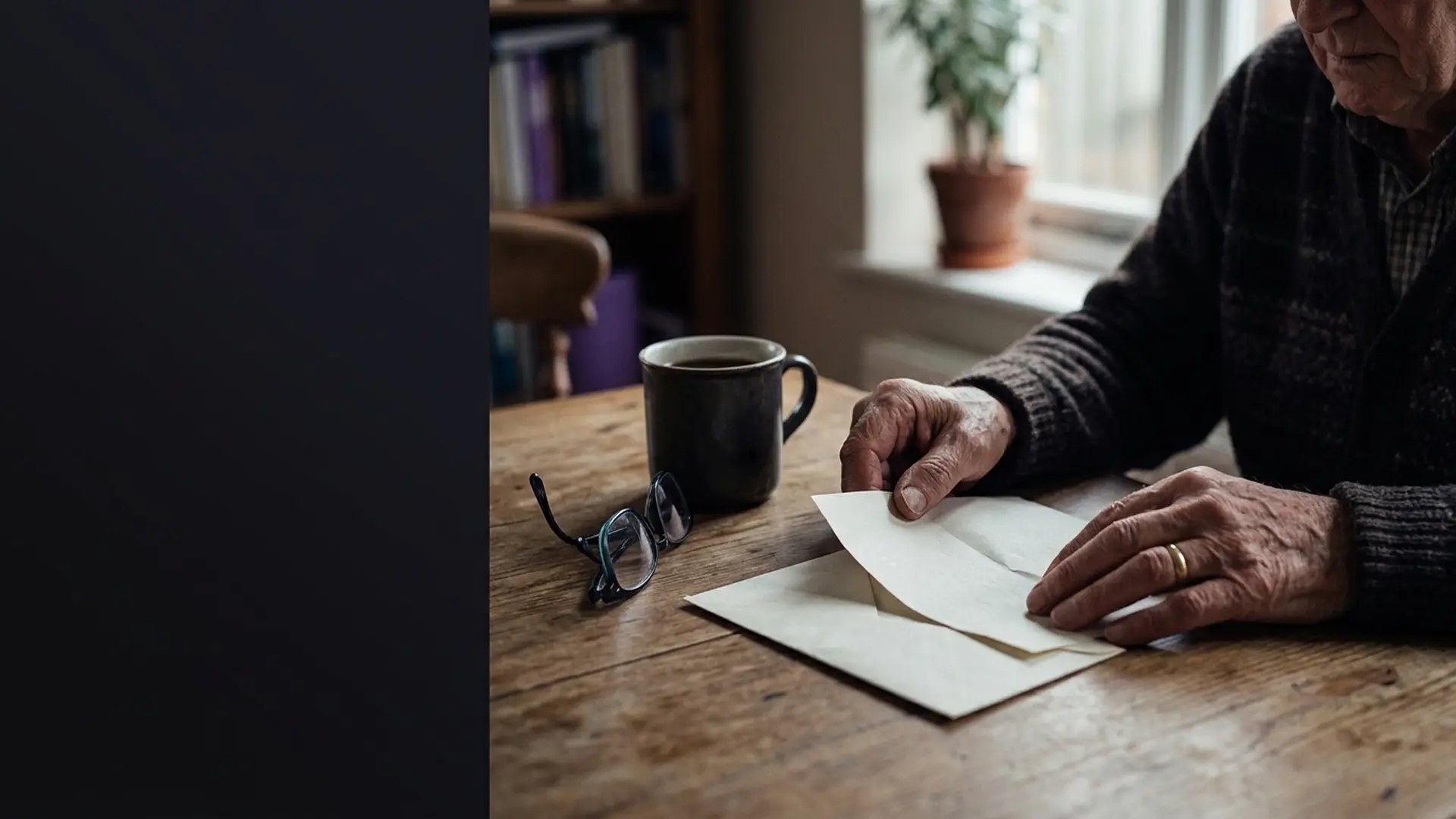 An older person opening an official letter at a kitchen table