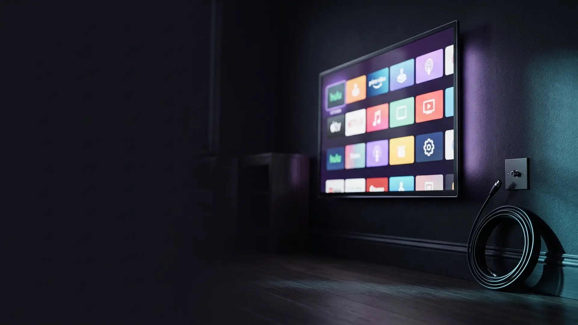 A television showing on-demand apps with the aerial cable unplugged