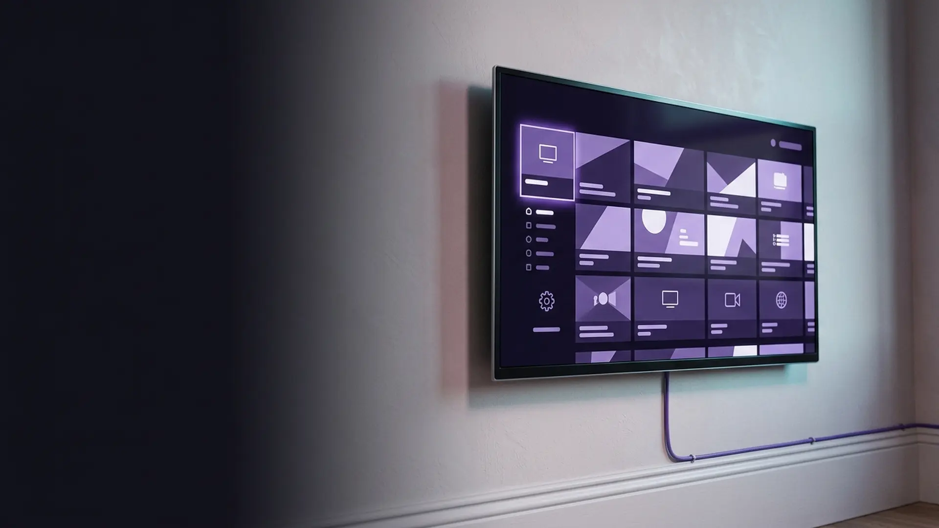 A smart television showing a channel guide with an aerial-free rooftop outside