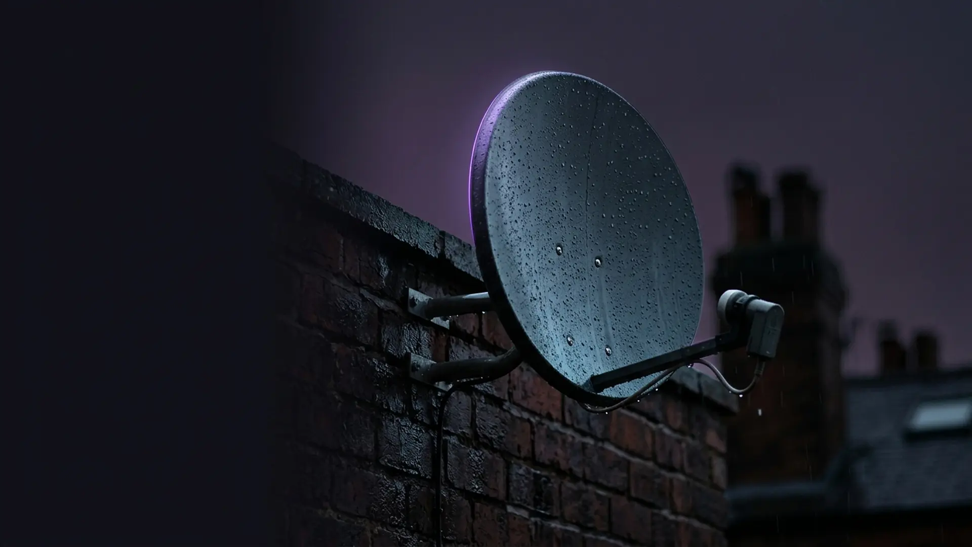 A satellite dish on a cottage gable under a starry sky