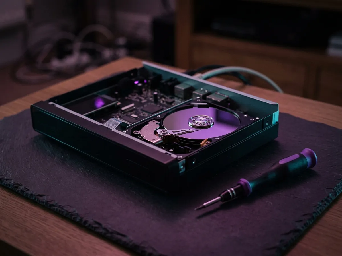 A recorder box with two activity lights glowing