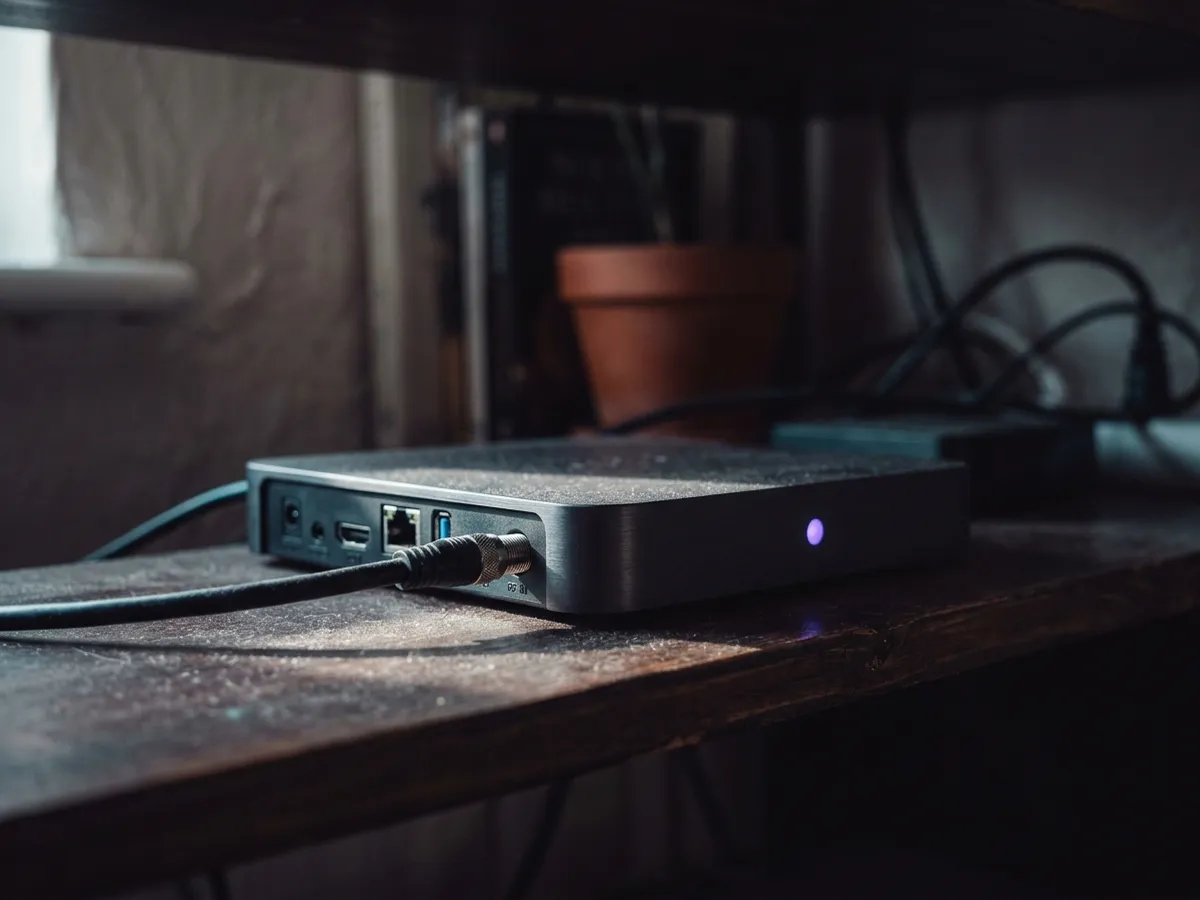 The rear ports of a recorder box with coaxial and HDMI cables