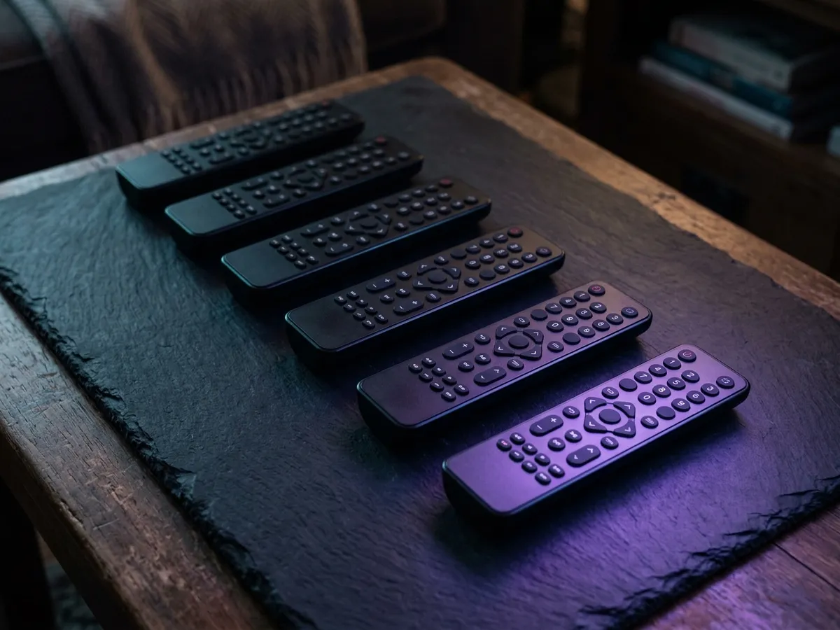 Television remotes arranged on plinths like a podium ranking