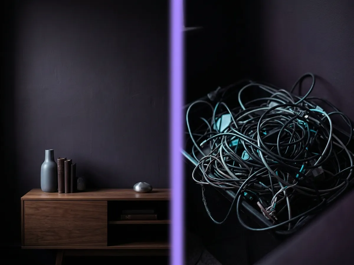 A television speaker grille with an unplugged HDMI cable below it