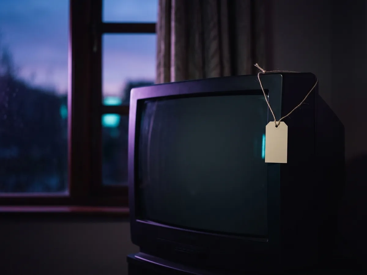 A television beside a finance agreement and stacked coins