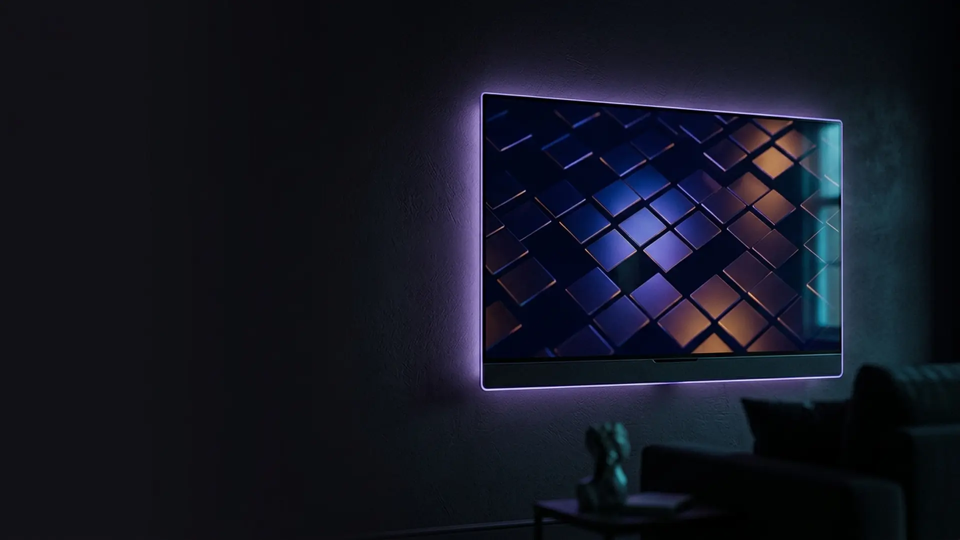 A wall-mounted television with a built-in speaker and a single power cable