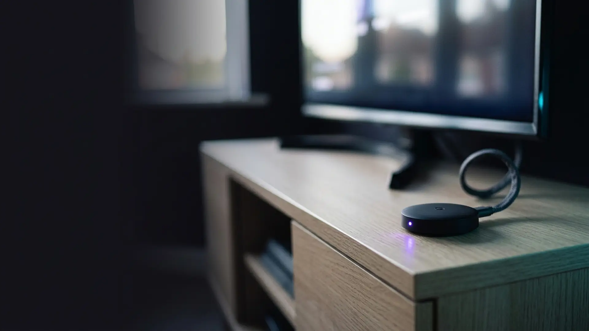A compact streaming puck with a glowing indicator beneath a television