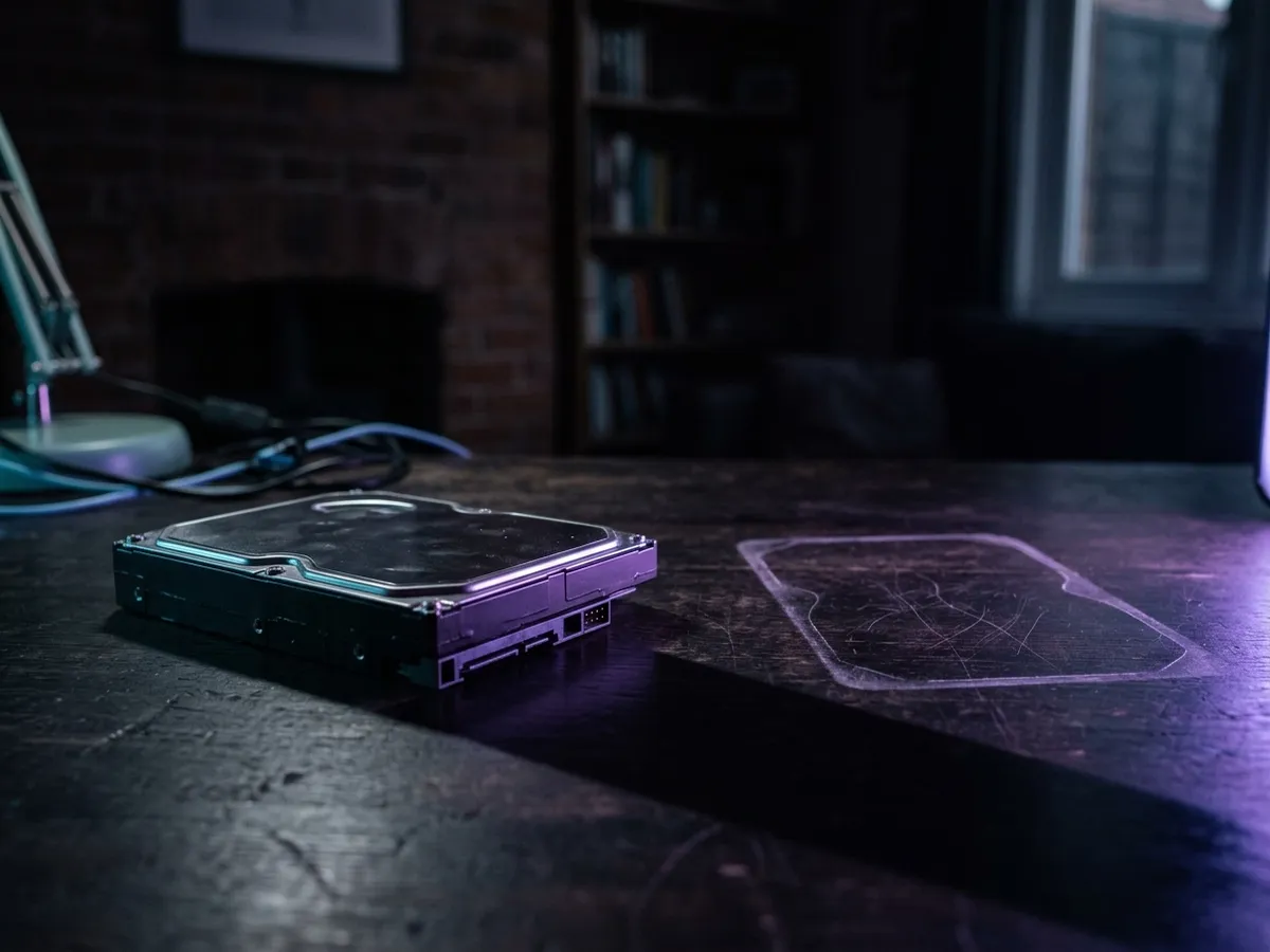 A hard drive on one side and a glowing cloud on the other