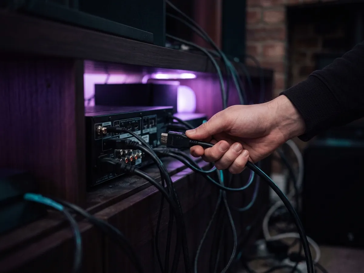 A hand swapping a coaxial cable for an ethernet connection