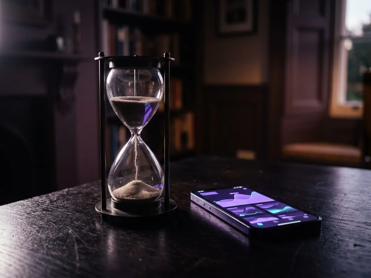 An hourglass beside a television remote and coins